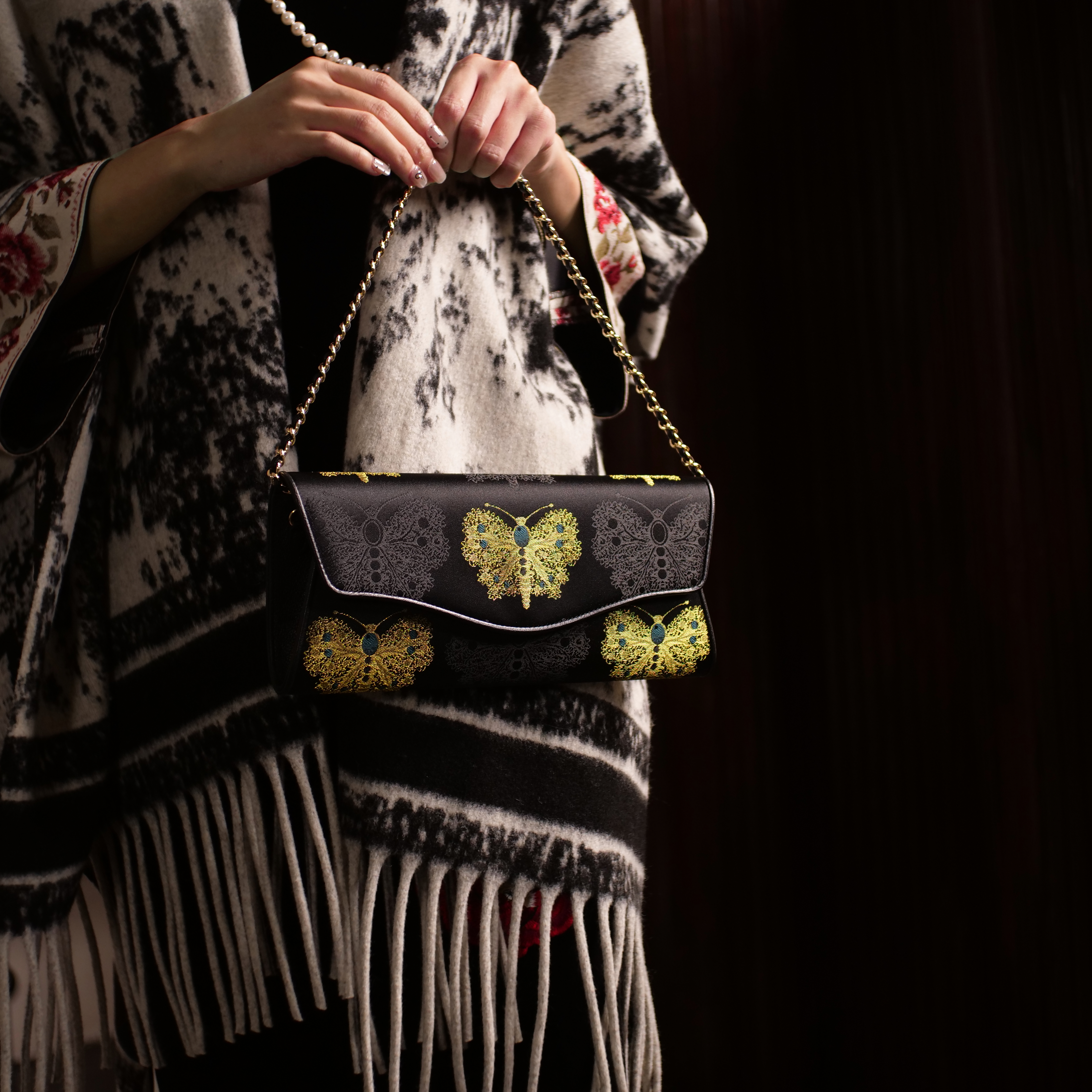 宋錦∞黑金綠蝴蝶牛皮手袋