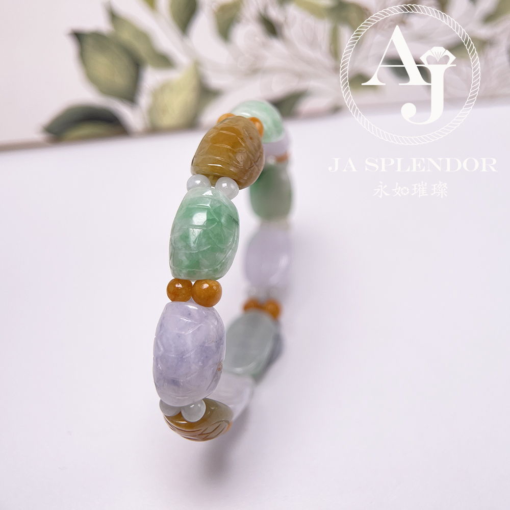 OF-06-I 天然翡翠A玉 - 冰潤三彩長壽吉祥龜貝手串(特價處理不設退換)