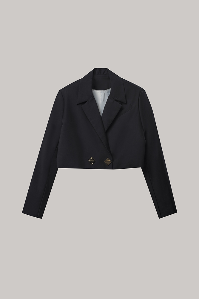 Black Cropped Blazer with Gold Accent Buttons