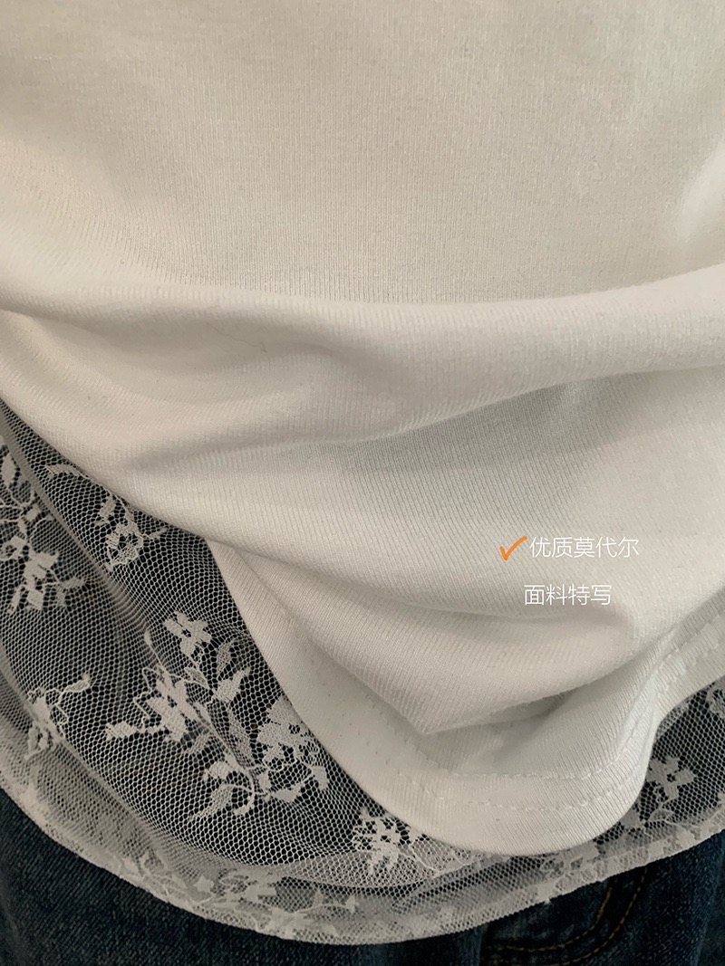 蕾丝拼接假两件荡领短袖T恤 褶皱显瘦纯欲气质上衣