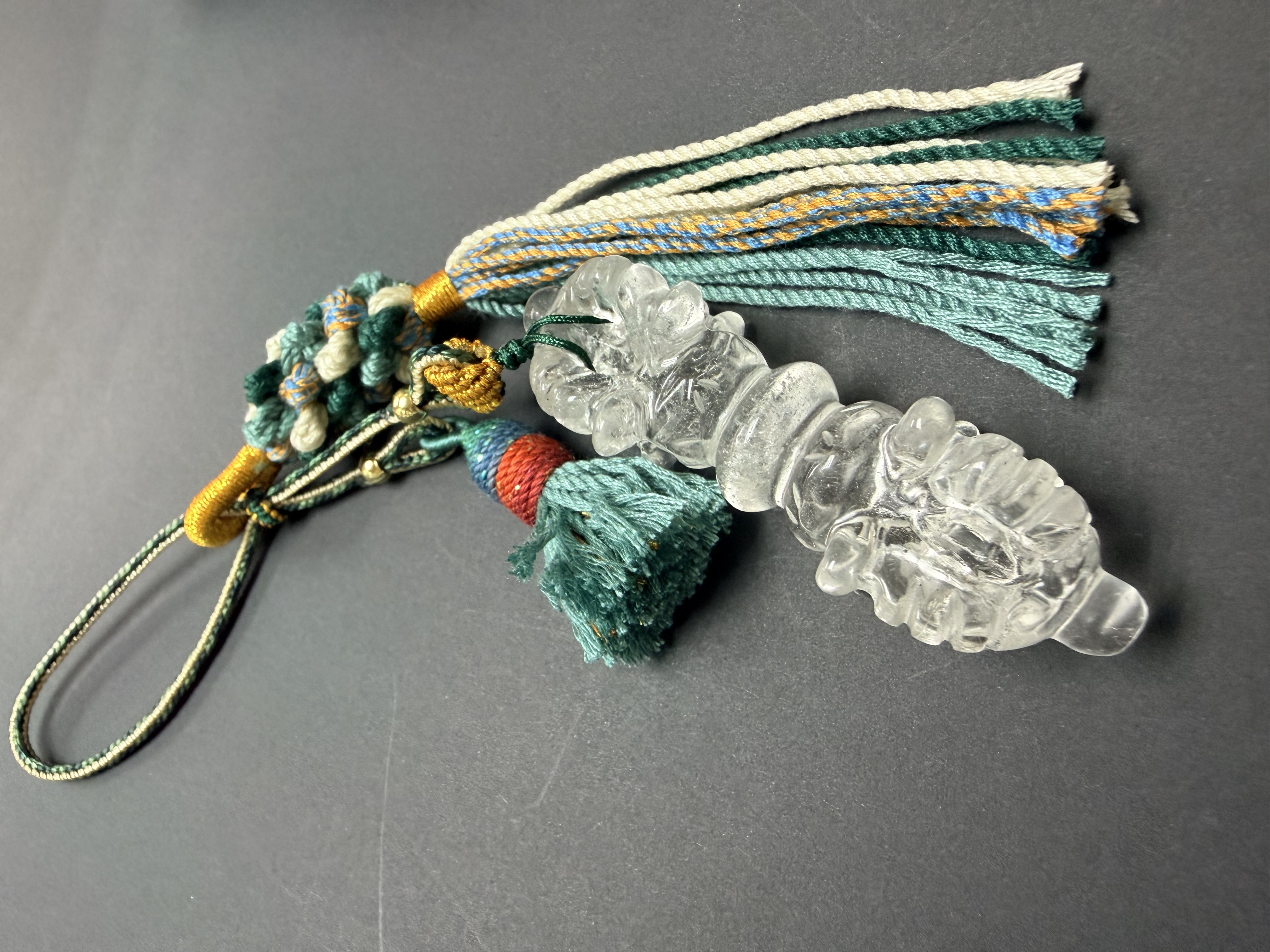 白水晶金剛杵 流蘇吊飾 （十一面觀音四天加持）綠色