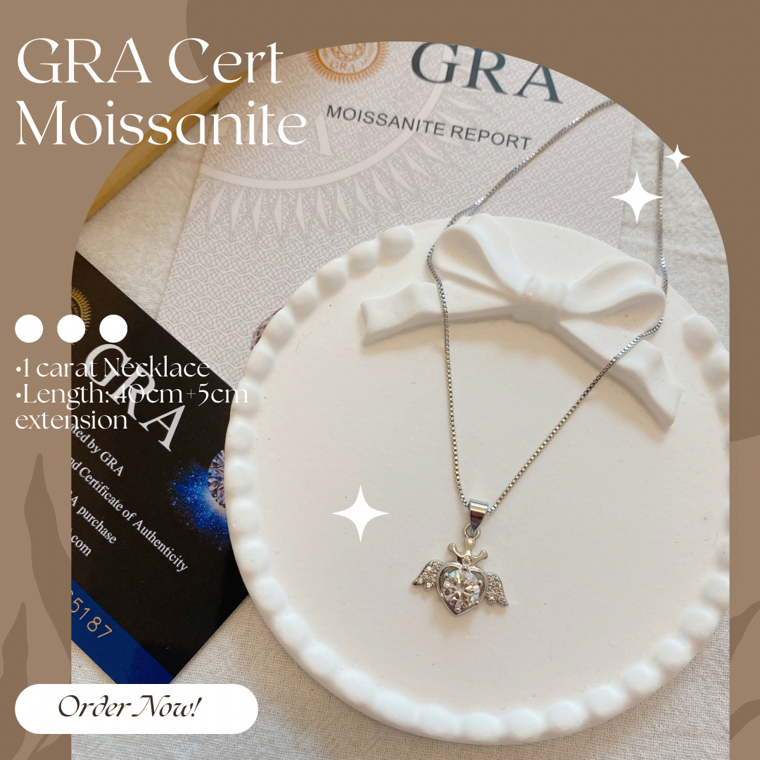 GRA Moissanite Necklace Collection - Heart Wing Pendant in Red Velvet Box