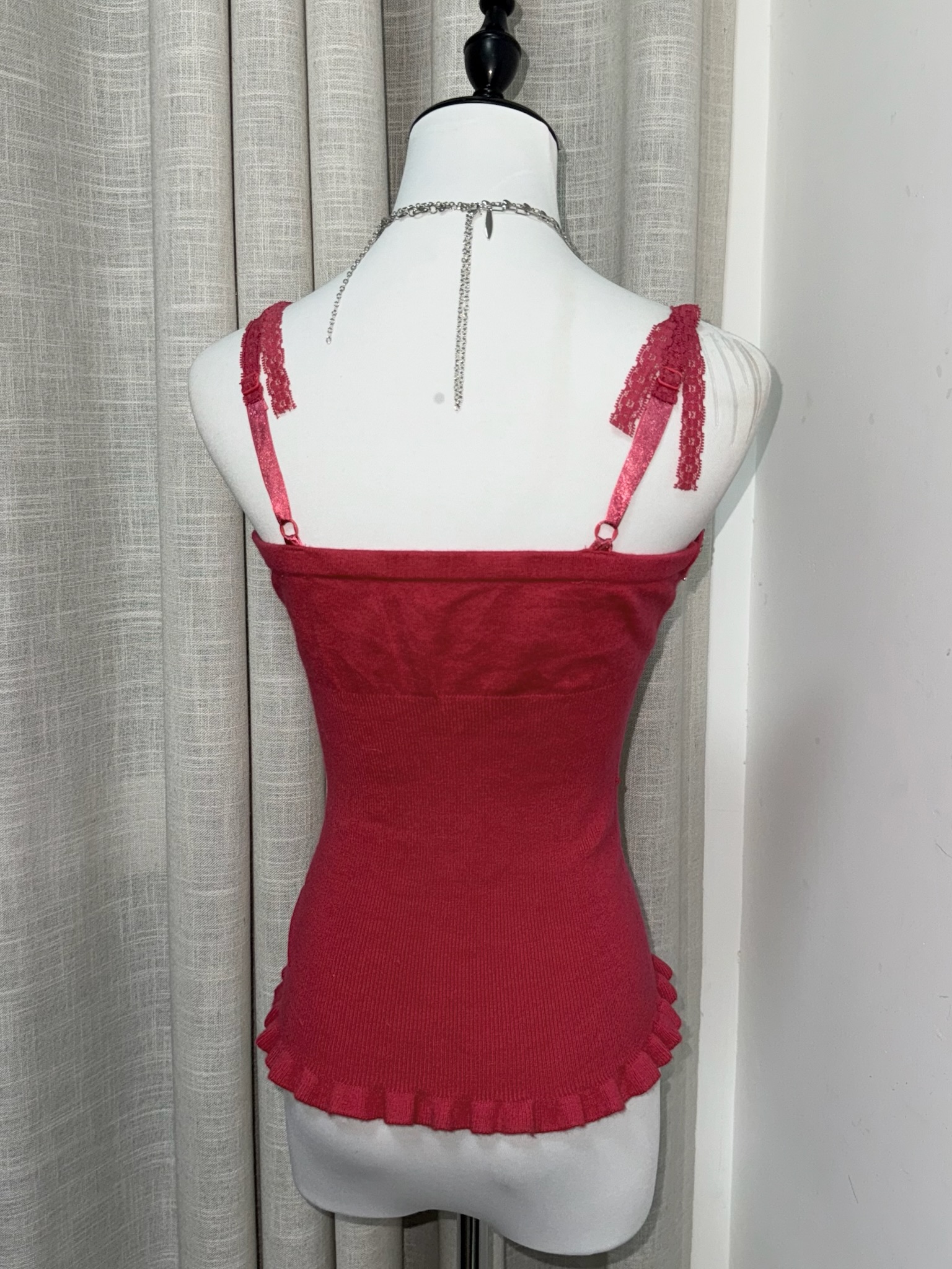 Sweet Y2K Hot Pink Pearl Cami with Ruffle Hem