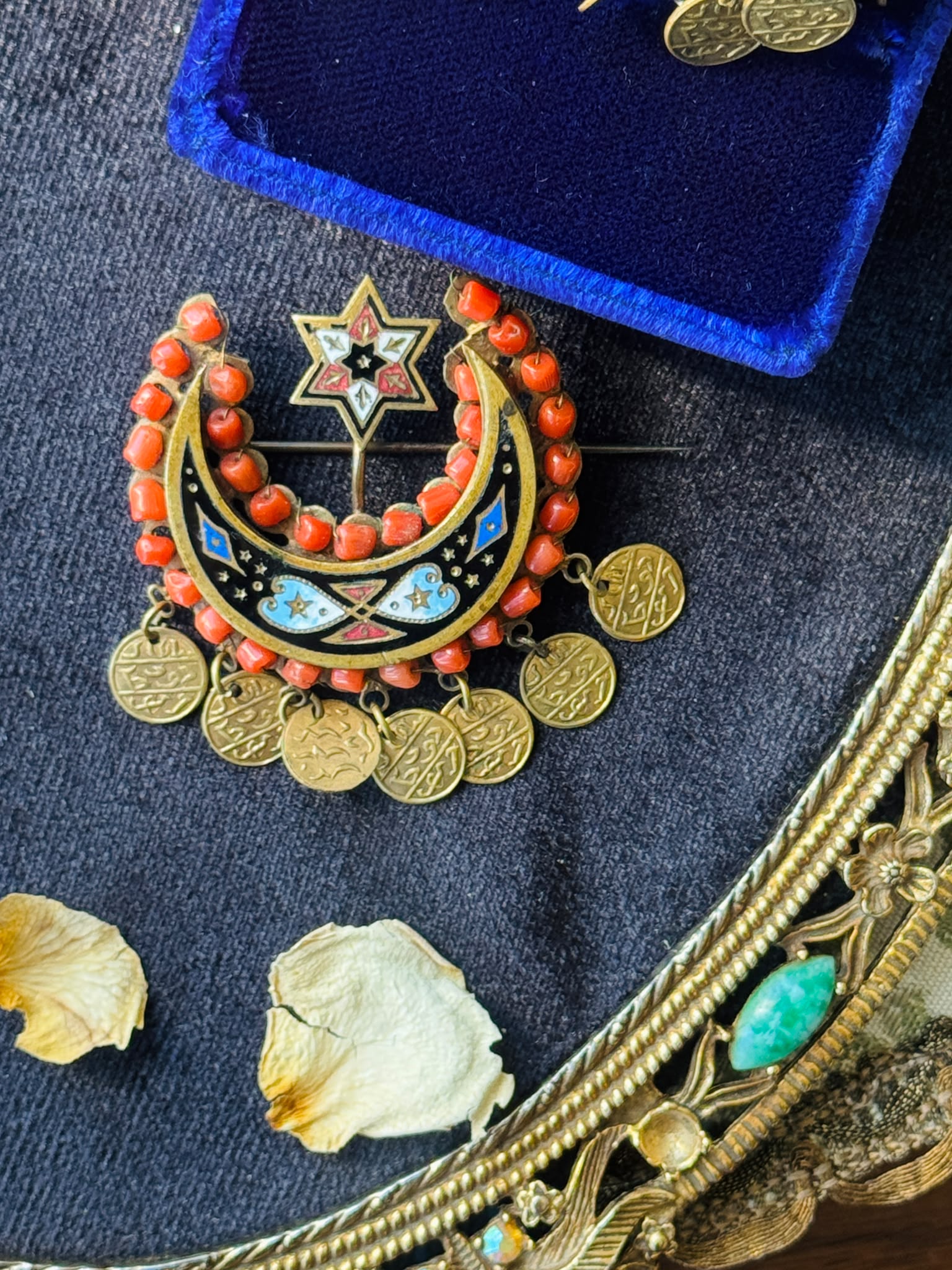 C.a. 1830s–1880s Ottoman Coral & Enamel Crescent Moon and Star Brooch and Earrings Demi-Parure (MT2653)