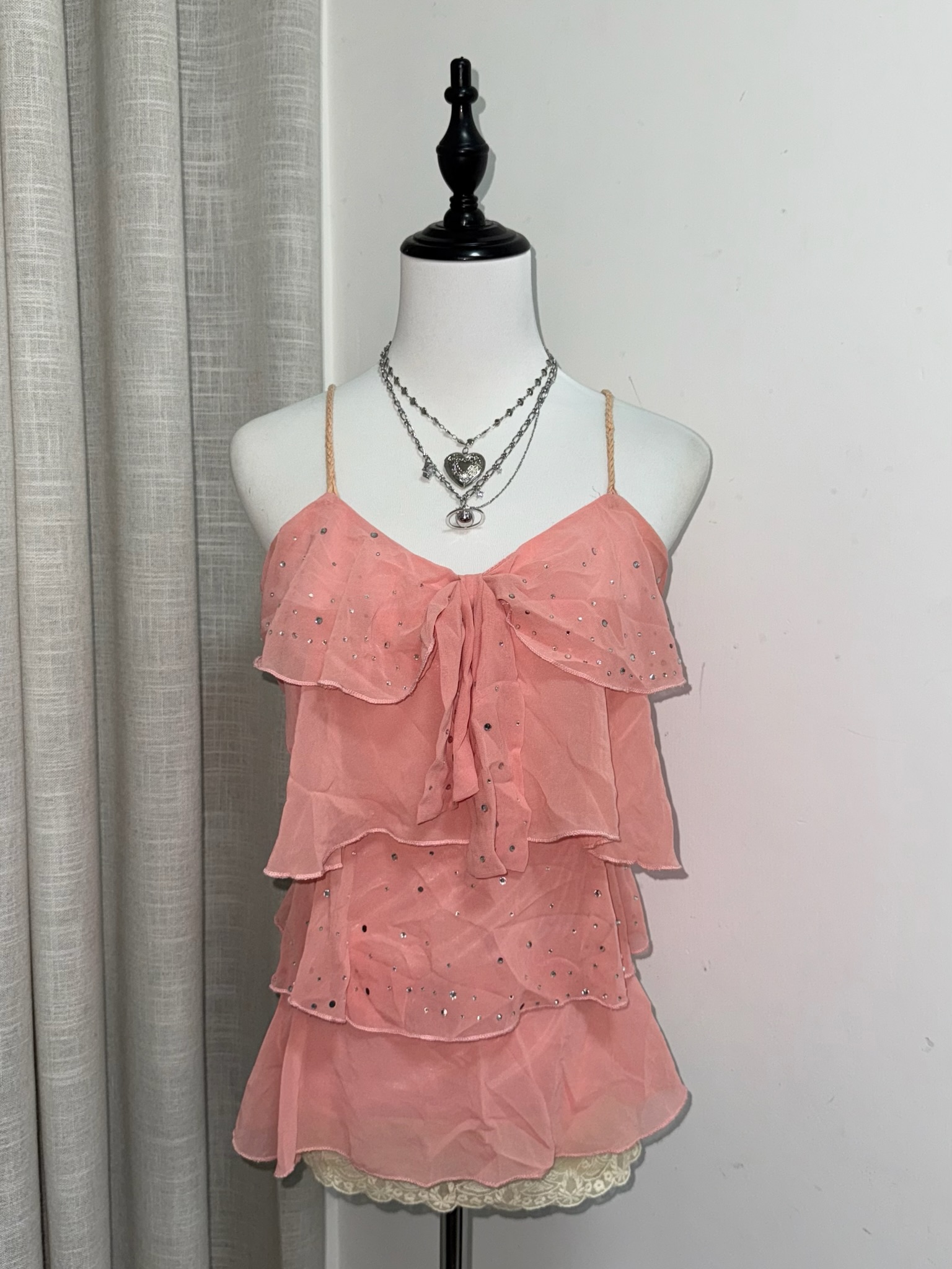 Pink Tiered Chiffon Cami Top with Rhinestone Accents and Thin Straps