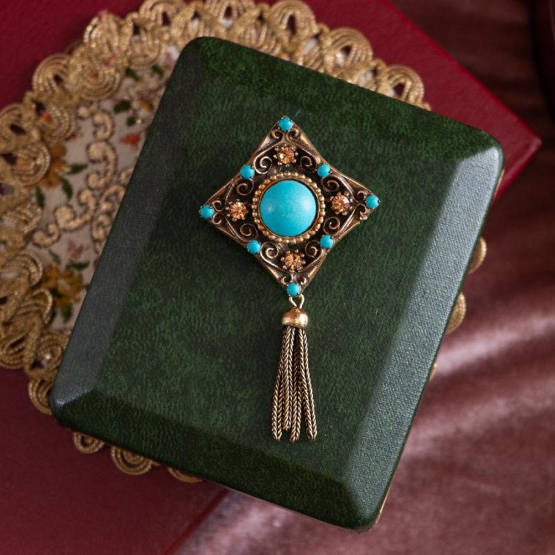 C.a. 1950-60s Victorian Revival Turquoise Paste Cabochon Tassel Brooch(EA1863)
