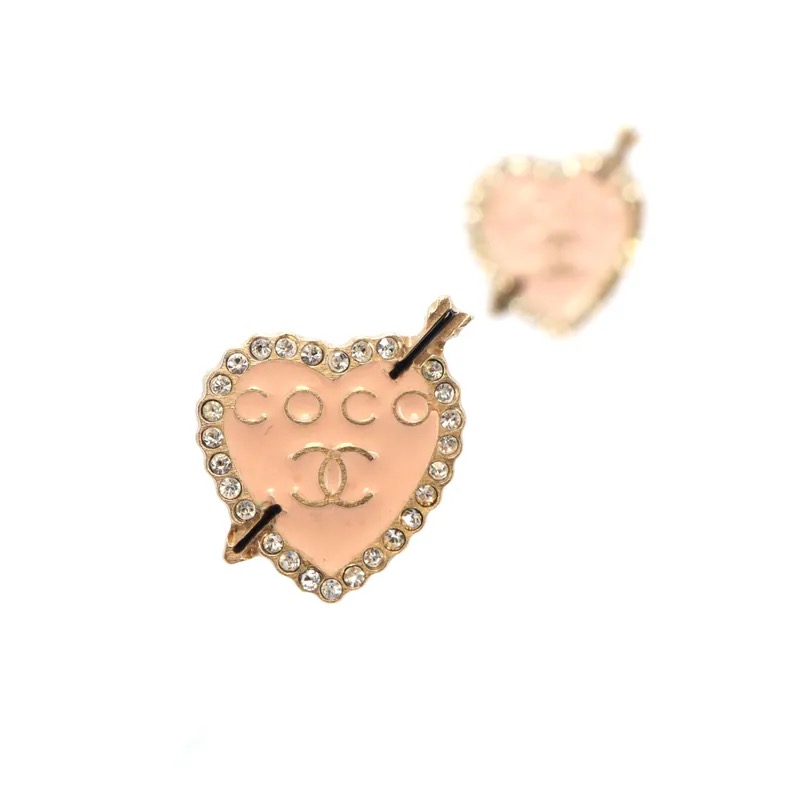 Chanel Coco Mark Enamel Rhinestone Heart Piercing Earrings