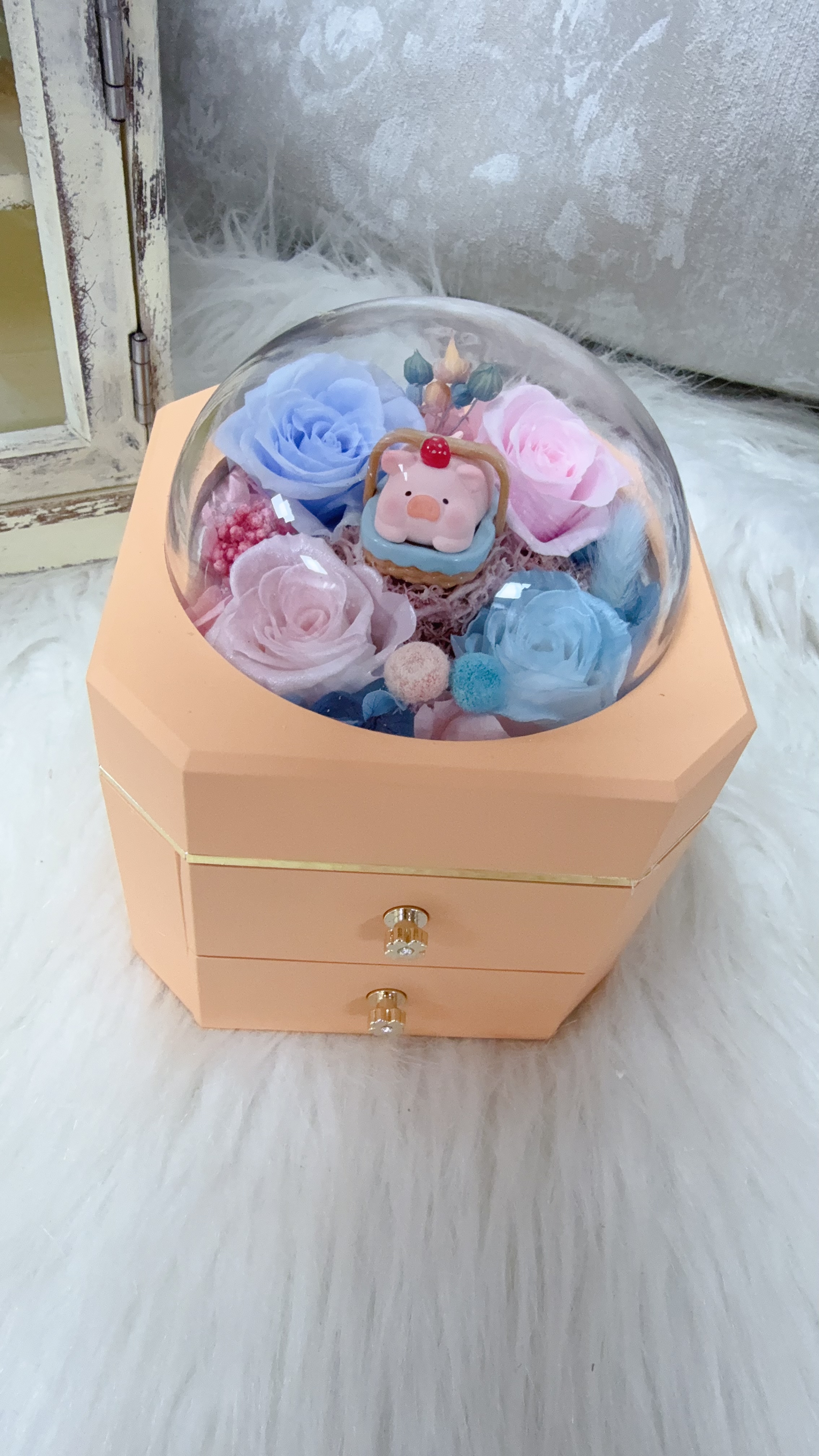 Lulu豬野餐款粉紅藍色永生花飾物盒