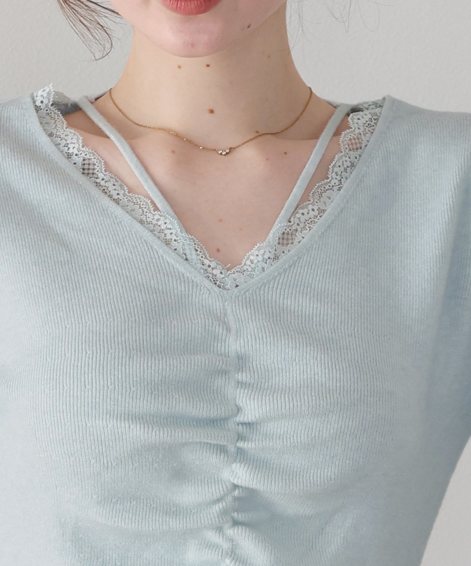 <JP> 蕾絲 v 領雙肩帶褶皺 Knit * 3色入 <預購>