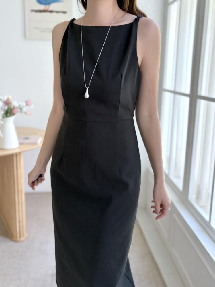 Linen Blend Twisted Strap Dress (Black)