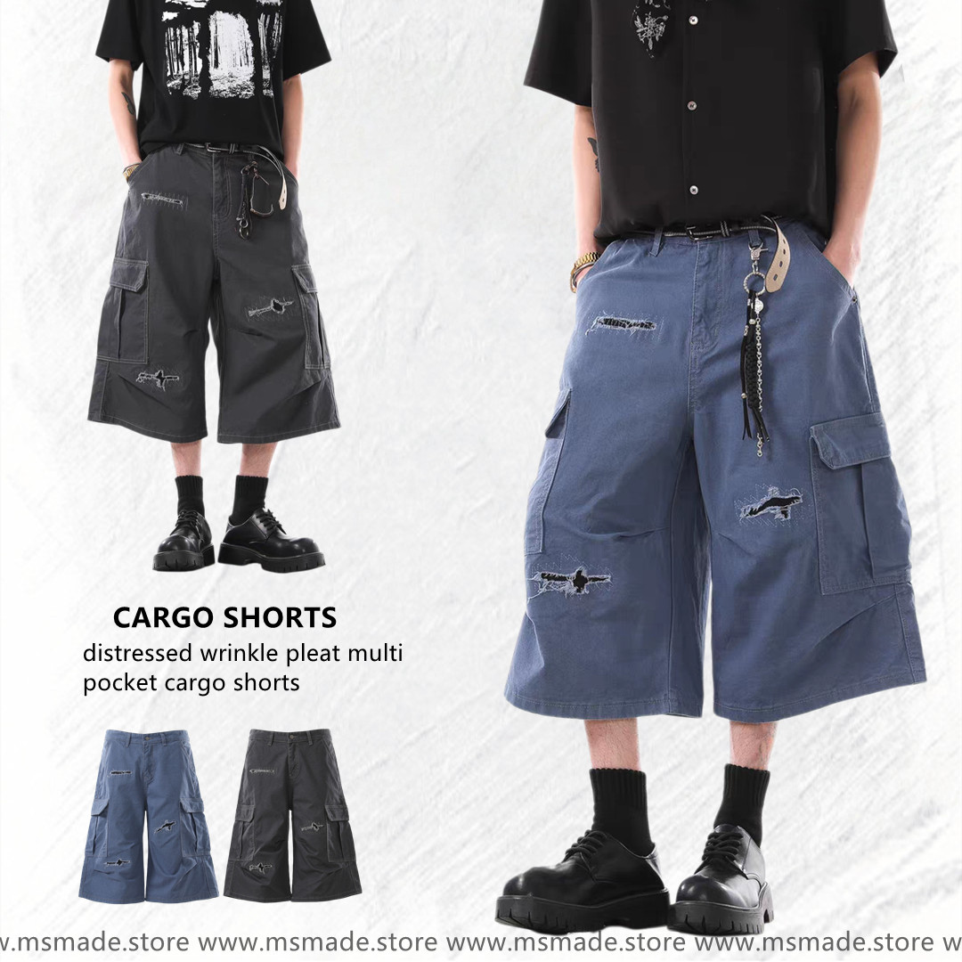 M312破洞皺褶多袋工裝短褲