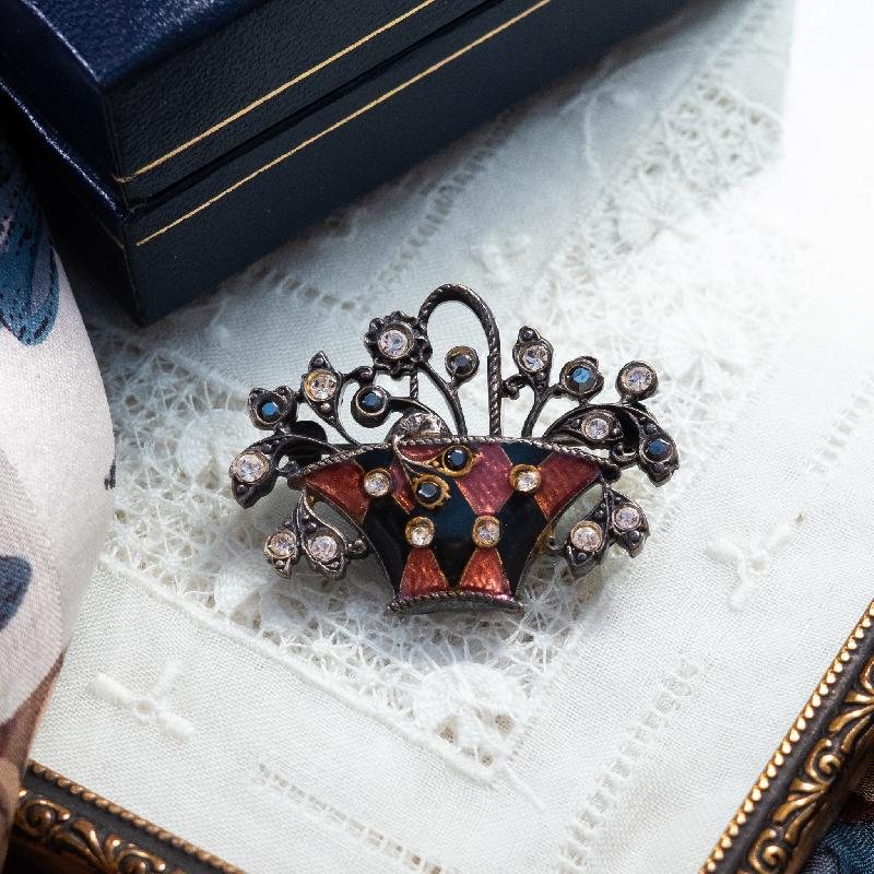 Vintage Pre-1980s Art Deco Pierre Bex Style Enamel Flower Basket Brooch (MW231)
