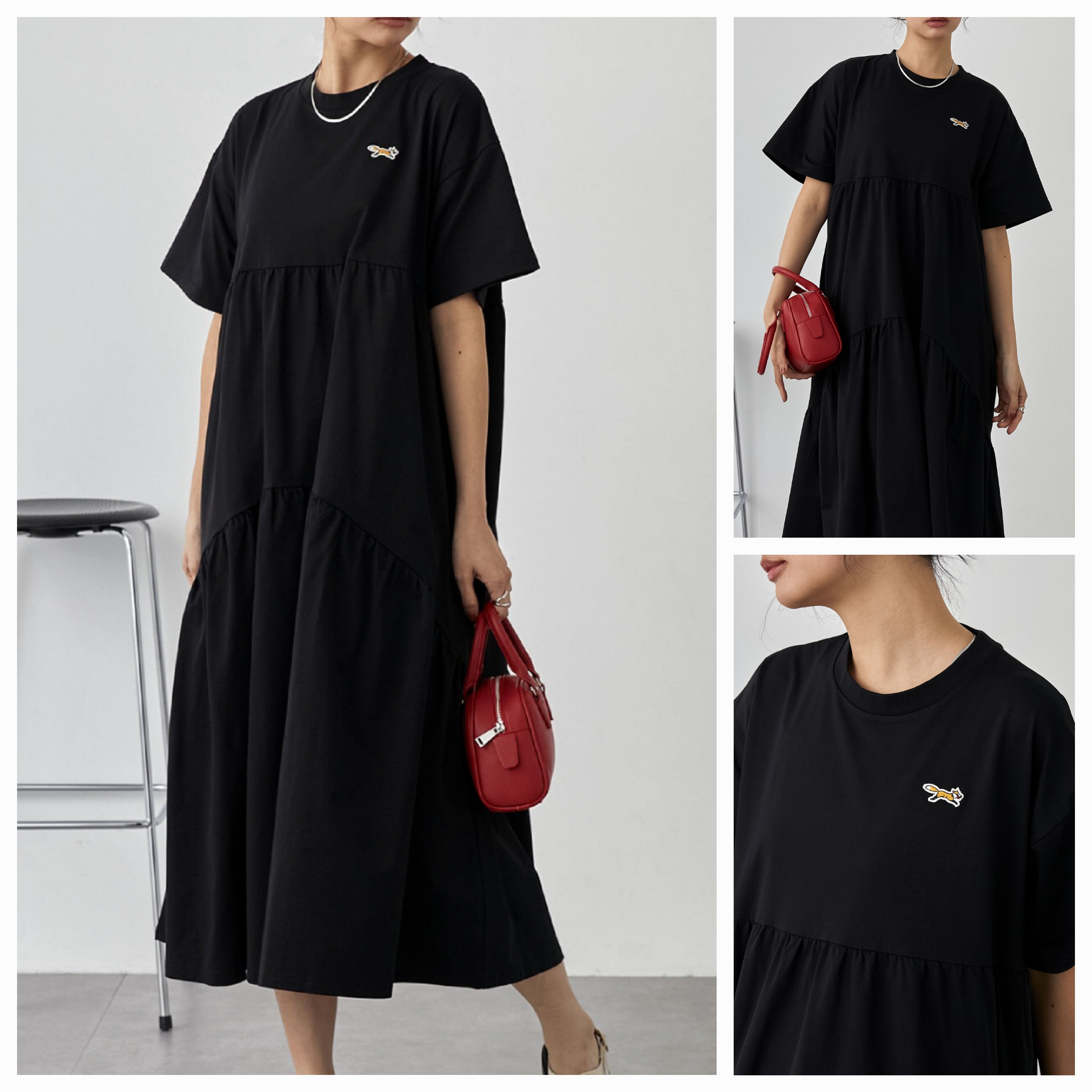 【✨️日本🇯🇵 pre-order 刺繡logo蛋糕連身裙✨️】 【共7色 | Free Size | 黑色/灰色/啡色/海軍藍/粉藍/紅色/黑白間條】