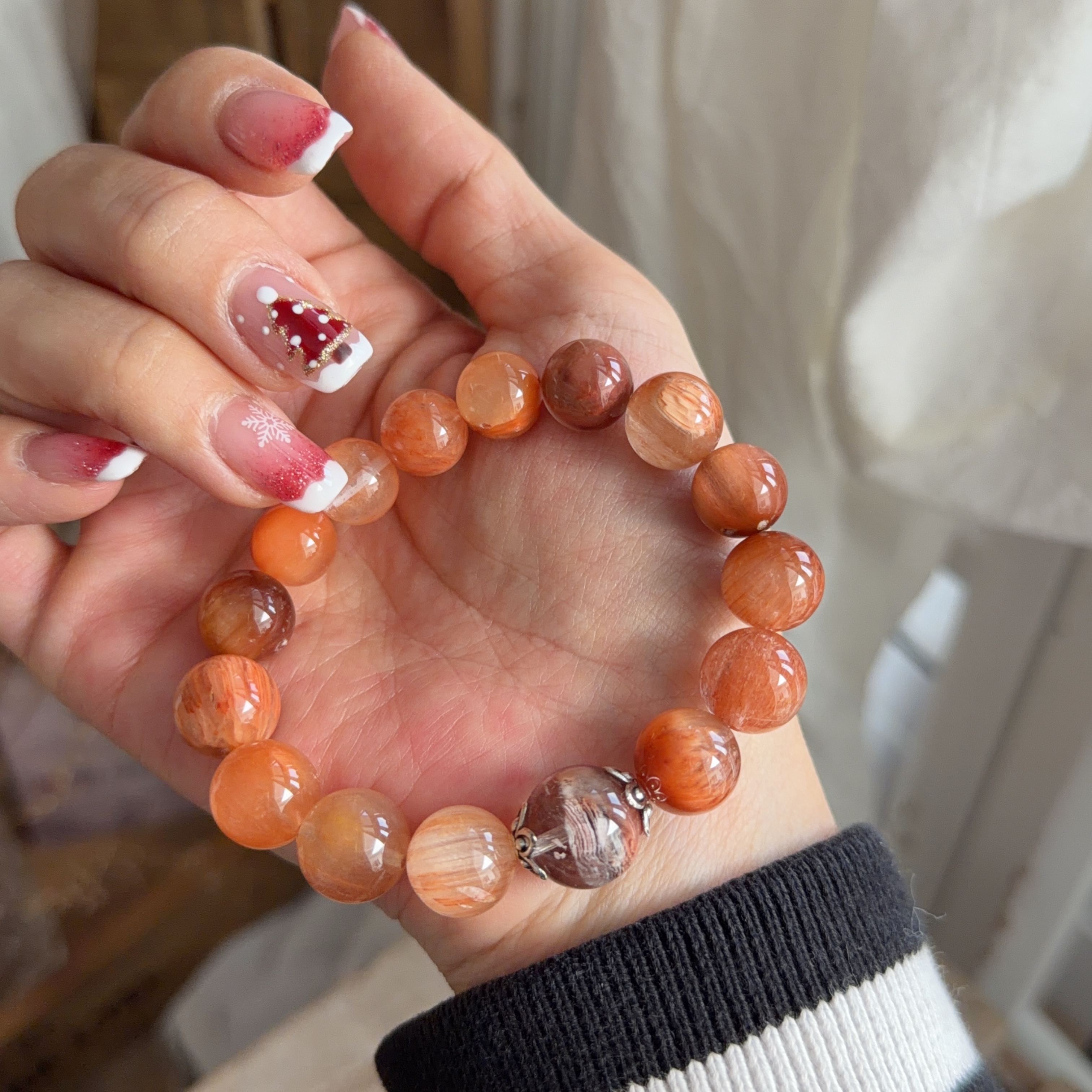 粉橙兔毛&千層幽靈手串