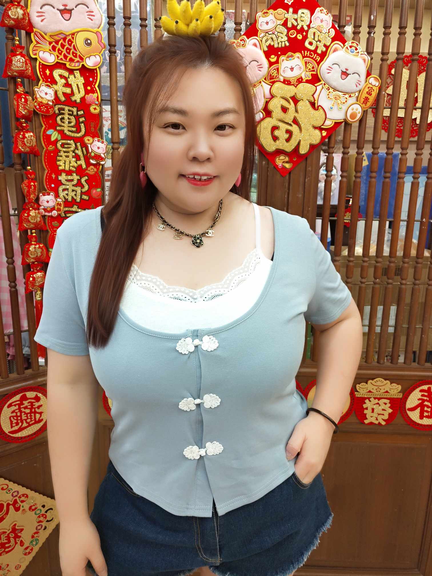 OTE02 TW#8371 假两件盘扣设计上衣