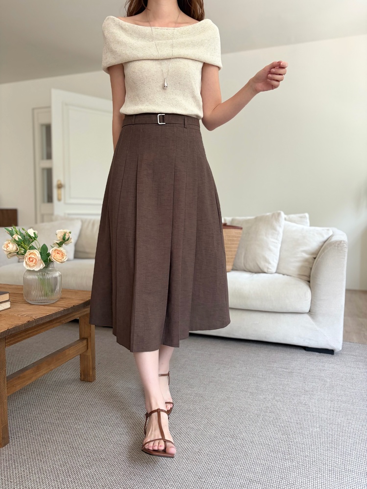 Linen Blend Pleated Skirt (Brown)