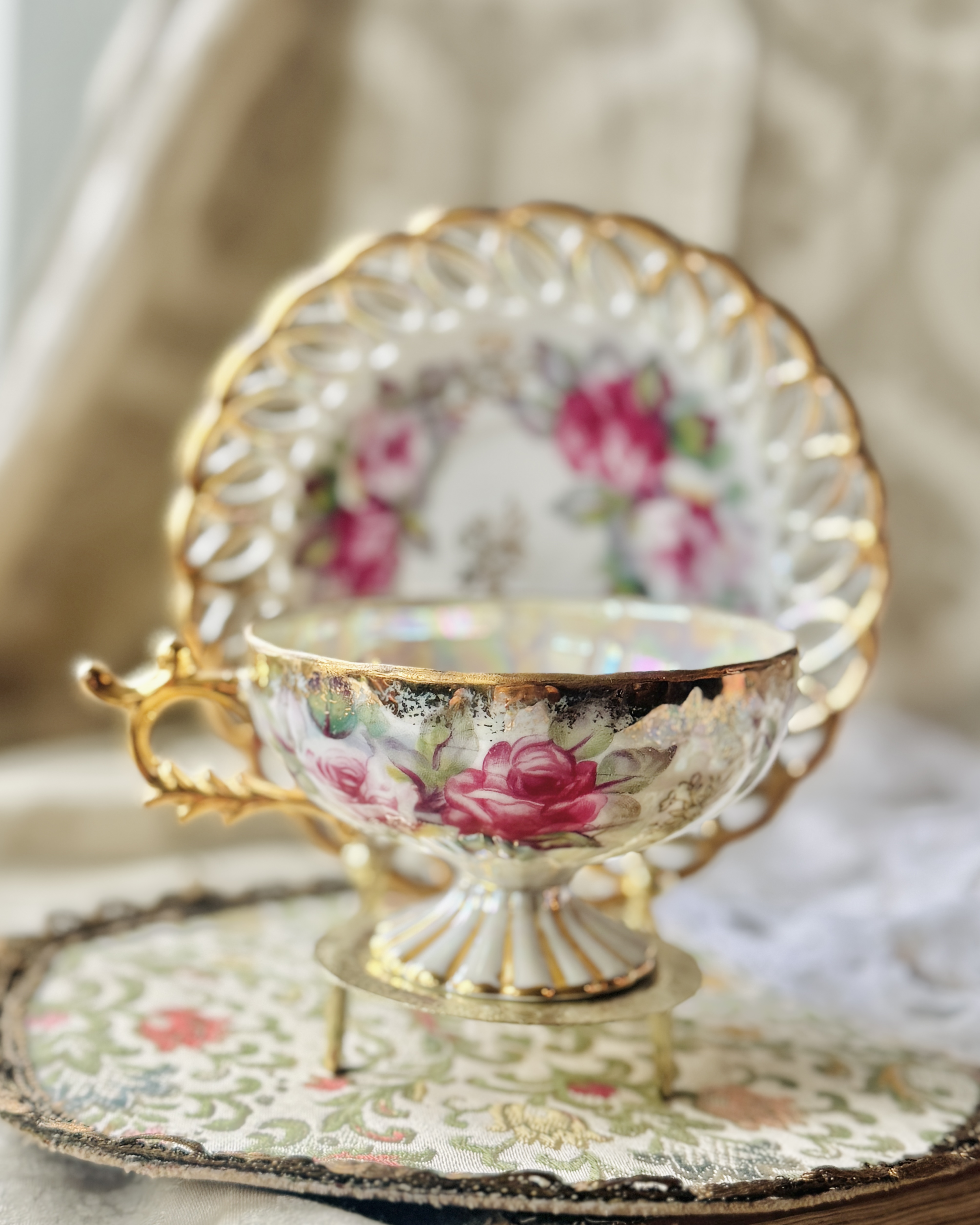 Vintage Mid-Century Castle Japan Floral Iridescent Tea Set Duo (MT2398)