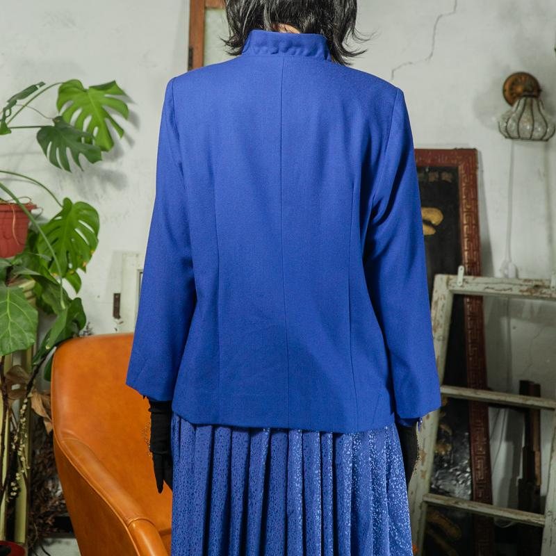 Vintage Japanese Blazer Royal Blue V-Neck Stand Collar Blazer(MT1609-7)