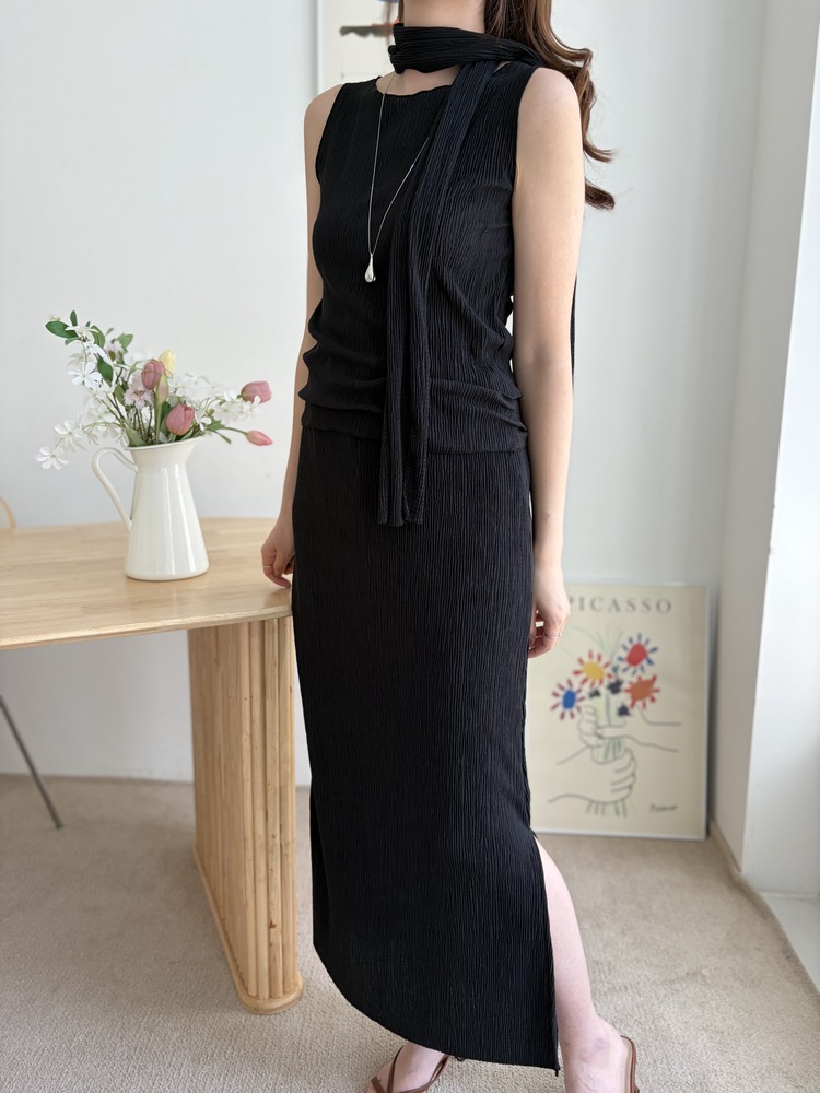 Summer Pleated Scarf Set (Black)