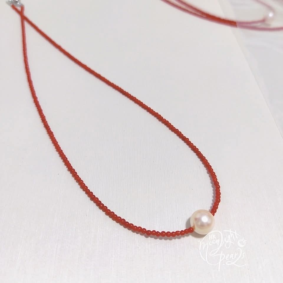 正圓極強光日本akoya 櫻花粉海水珍珠+沙丁珊瑚925銀扣時尚鎖骨鍊