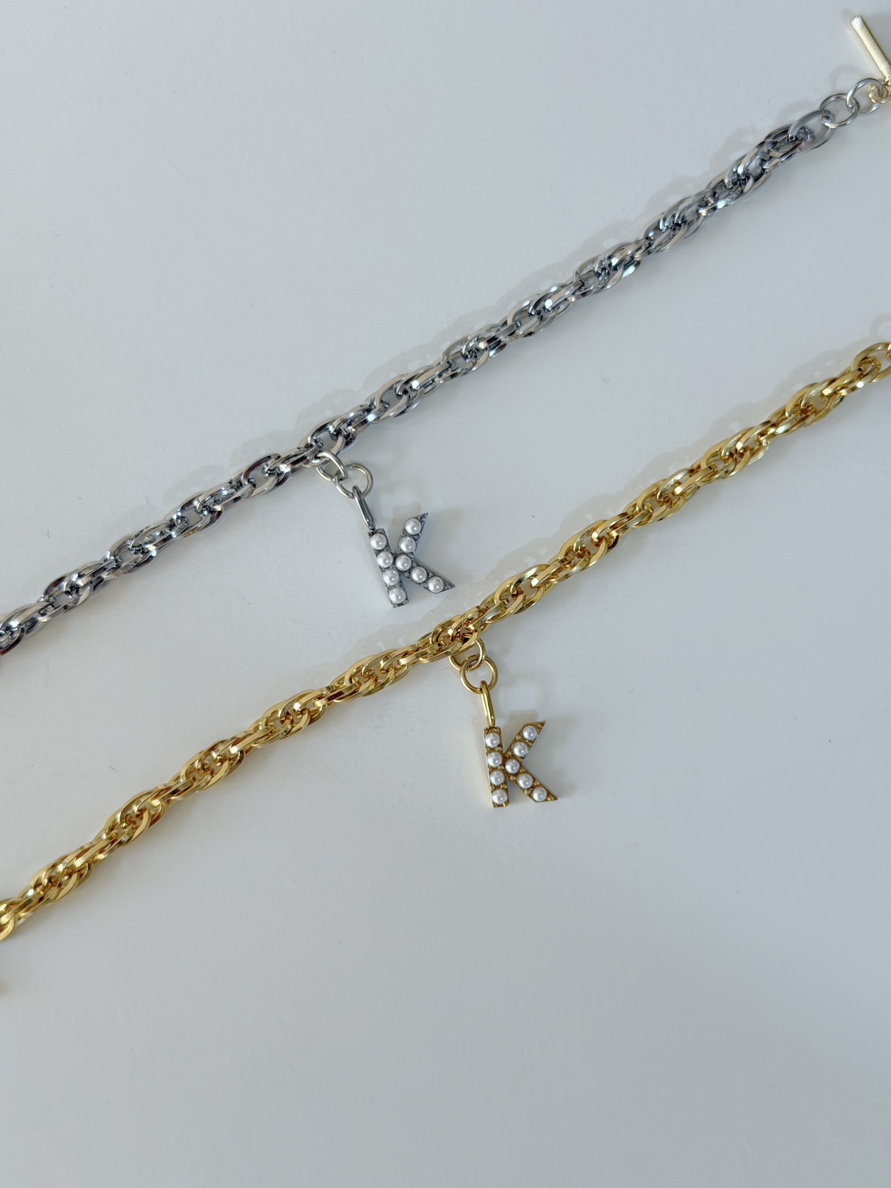 復古珍珠字母手鍊/頸鍊 銀色8mm鍊