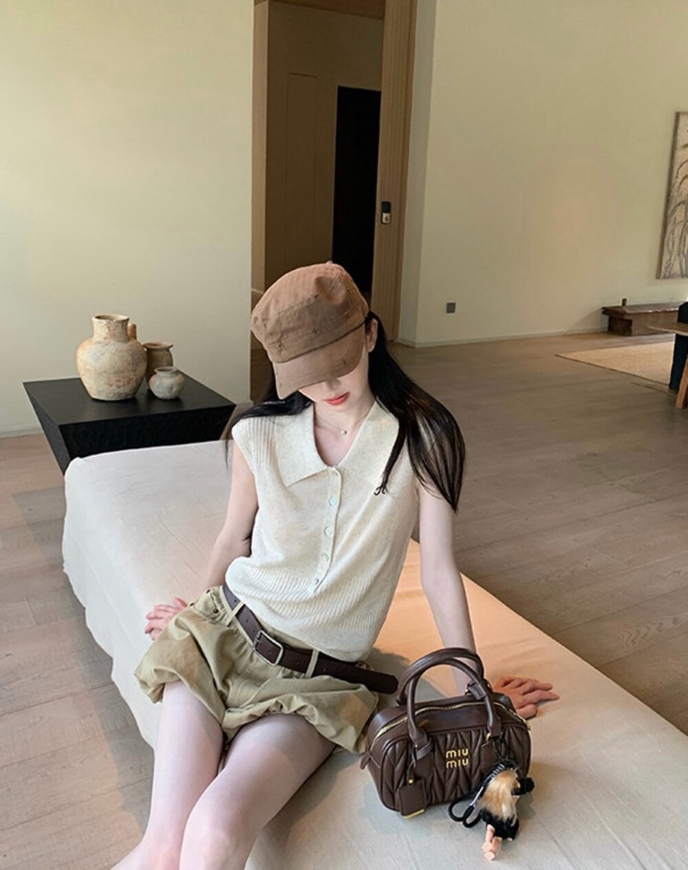 法式无袖Polo衫配复古花苞短裤套装 Women's Sleeveless Polo Shirt and Balloon Shorts Set