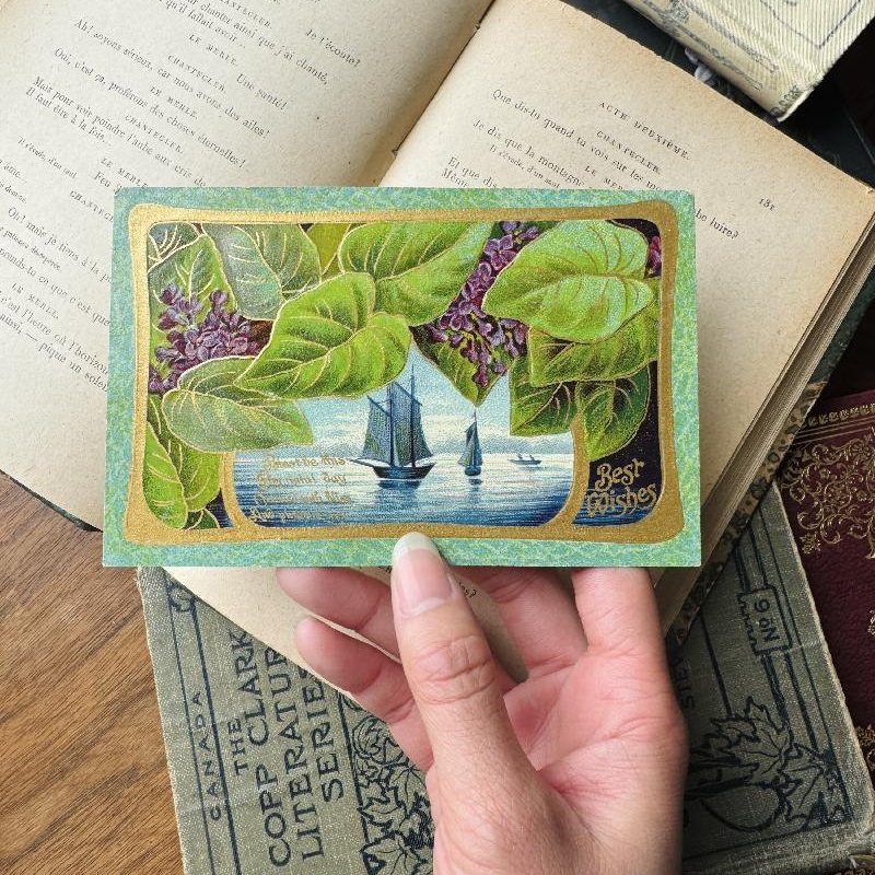 Antique Early 1900s Printed in Germany Sailing Boat and Forget Me Not Best Wishes Postcard - Embossed with Golden Outline(MT2305-7)