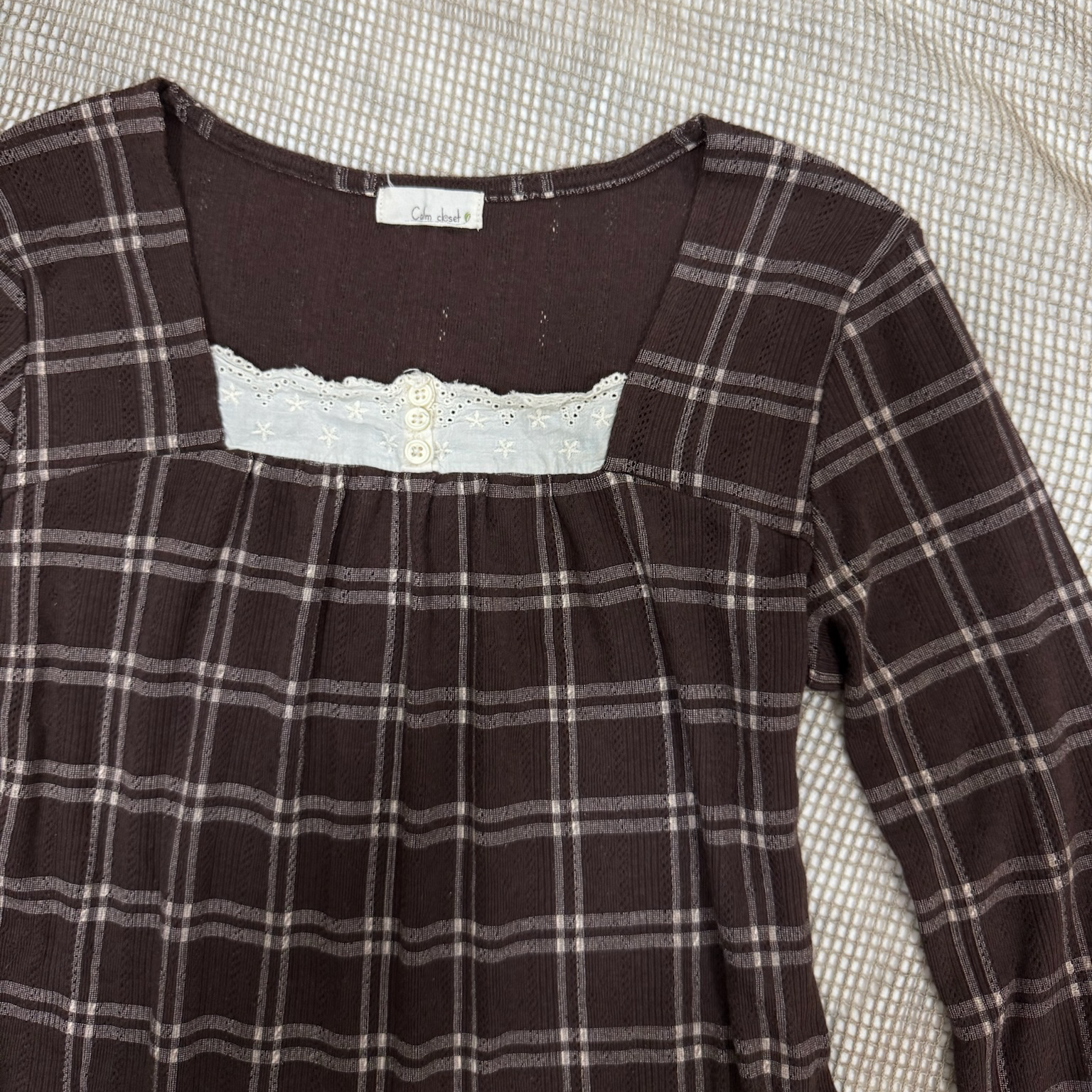 Cottagecore Brown Plaid Square Neck Top