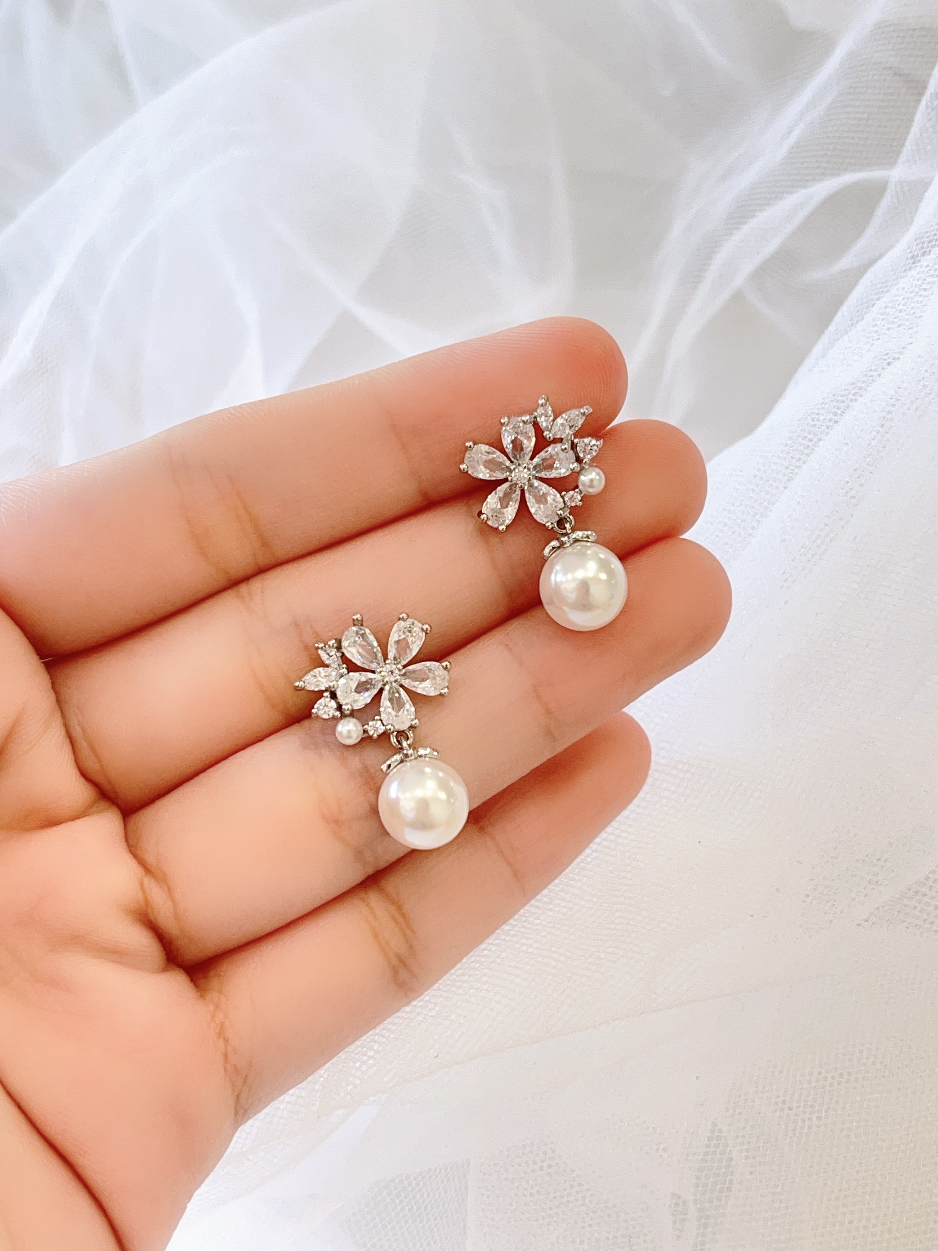 锆石花花珍珠耳坠耳环