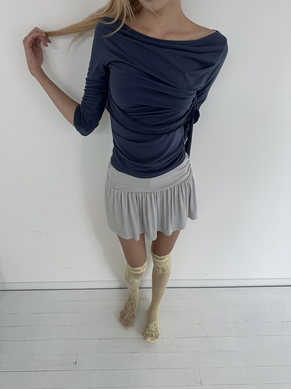 Asymmetric Ruched Boatneck Top