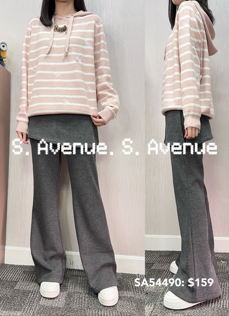 SA54490: 長袖有帽間條繡蝴蝶結冷top