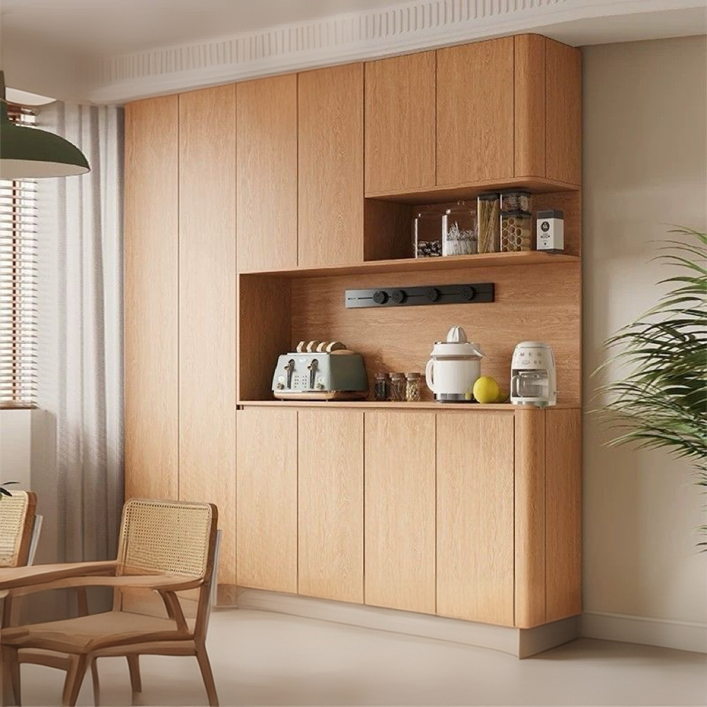 實木橡木圓弧餐邊櫃 靠牆一體儲物櫃 現代簡約客廳家用茶水櫃Storage Cabinet
