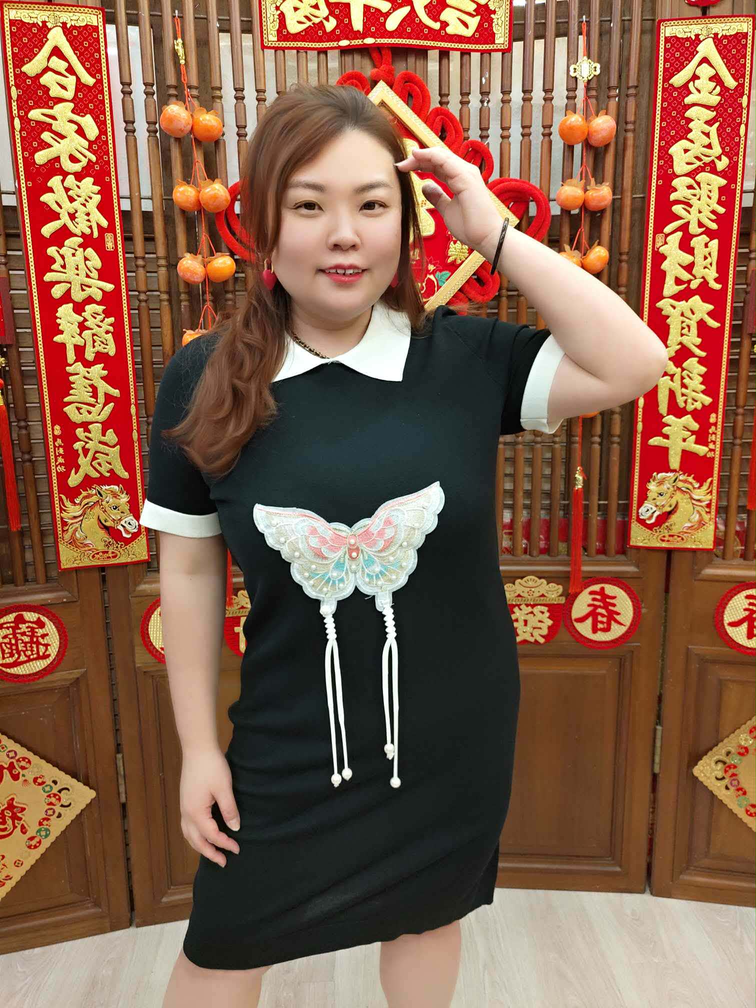 NJN13 YY557 新款中式盘扣蝴蝶针织连衣裙（胸围 100-125CM）