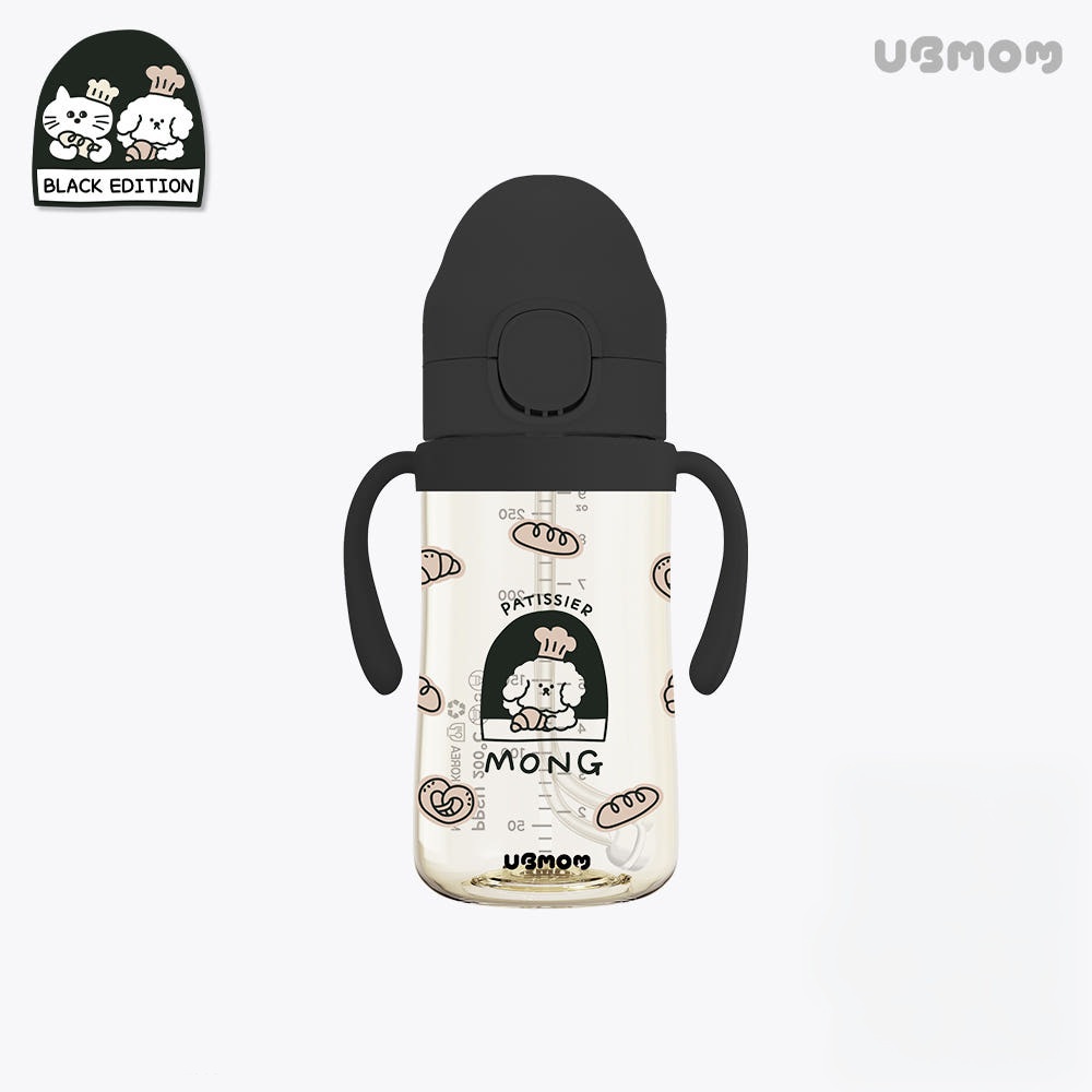UBMOM PPSU特別版吸管杯 (黑色烘焙-牛角包萌萌狗 280ml) -標配彈蓋帶重力球及直飲管