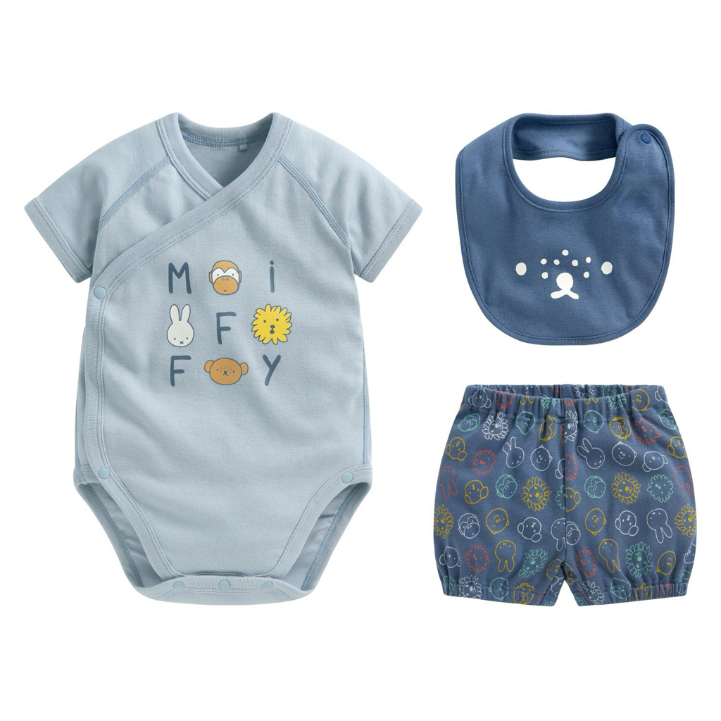 ☀️代購預訂 台灣直送☀️Miffy & Boris系列兩色純棉人物印花短袖包屁衣短褲圍兜三件套