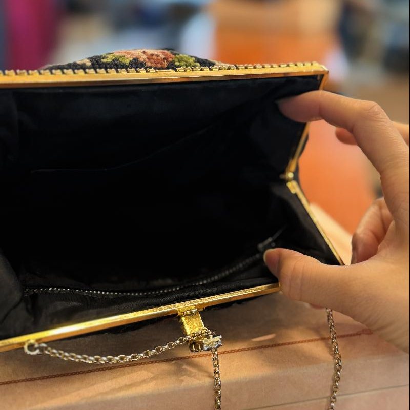 Rare! Courting Couple Needlepoint with Rhinestone Frame Handbag - Missing 2 stitches (MT2505)