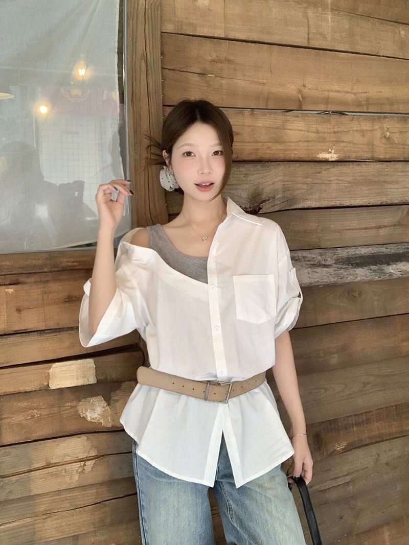 B231(23800) 韩系假两件衬衫拼背心单边露肩设计感3色上衣