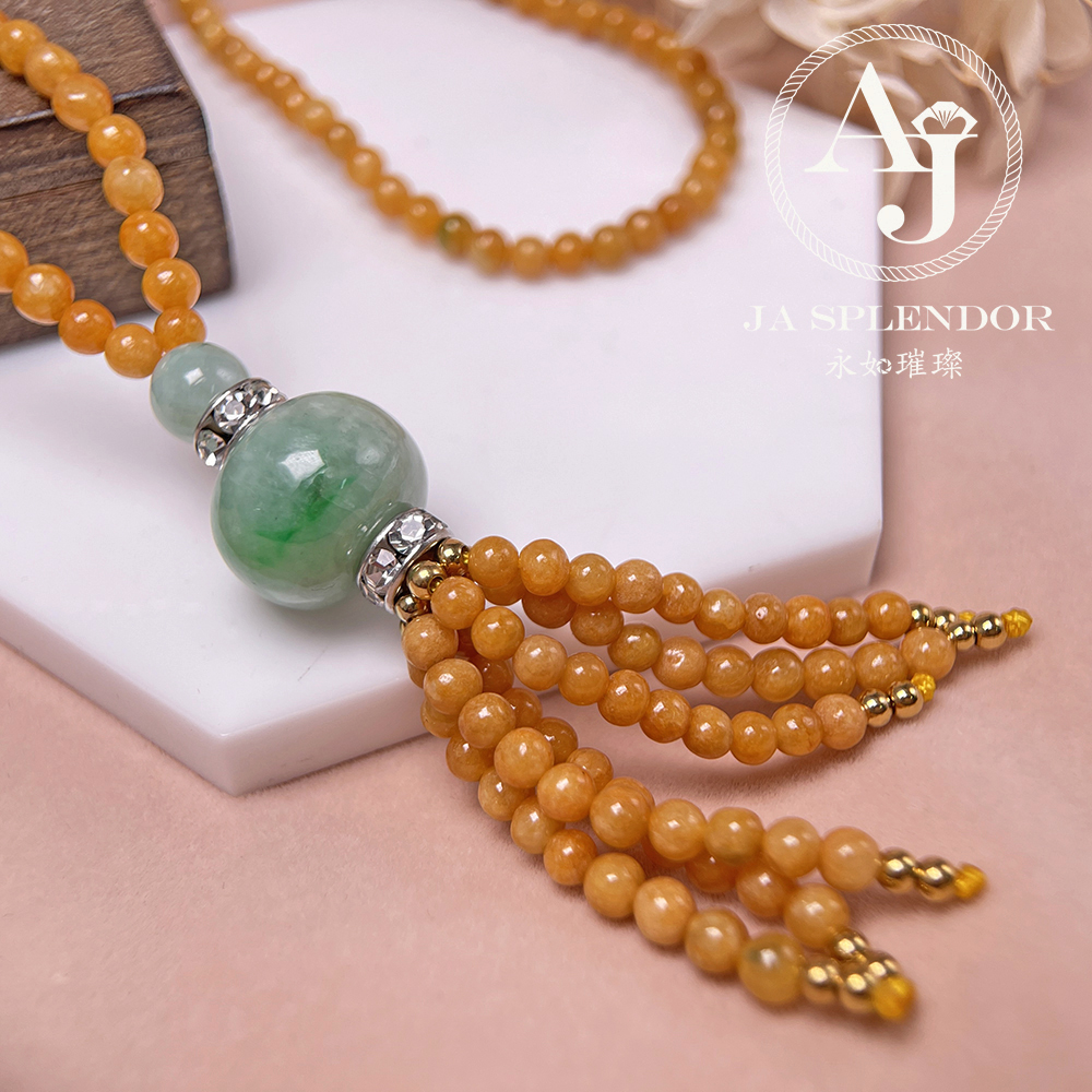 JN-H40-261 天然翡翠A玉 華麗黃翡配綠珠串串金項鏈
