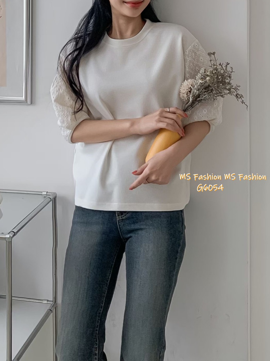 G6054 韓國🇰🇷通花泡泡袖top