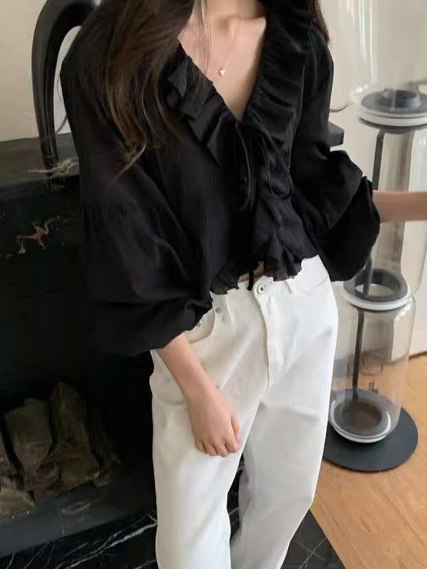 【優雅款式】白色荷葉邊抽繩上衣