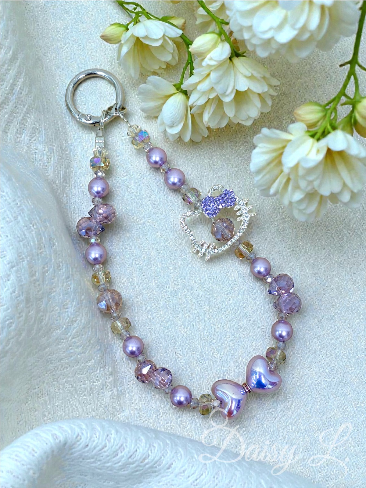 紫色水晶愛心手機掛繩 