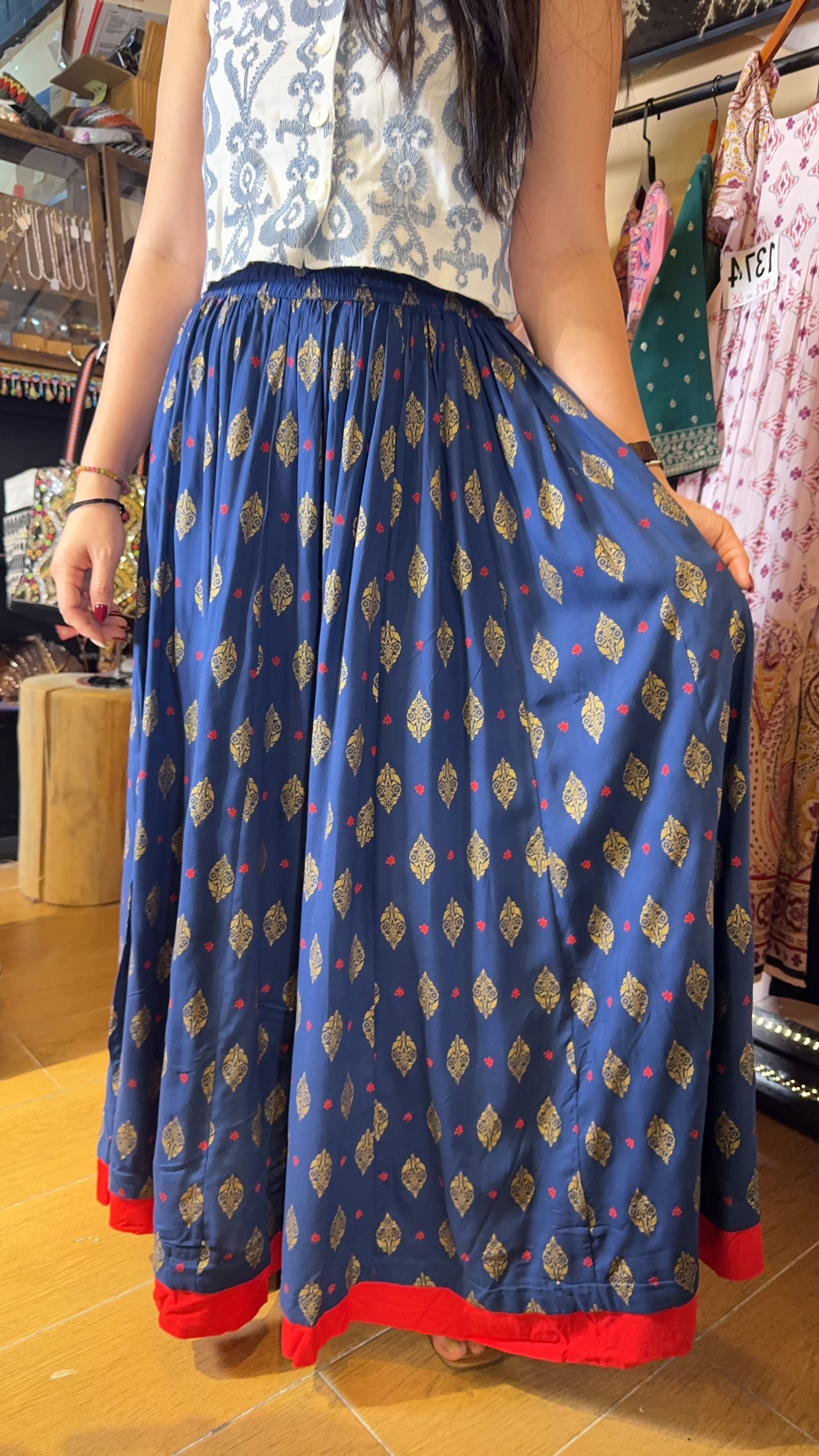 Naby Blue Gold Print Skirt  39" #1379