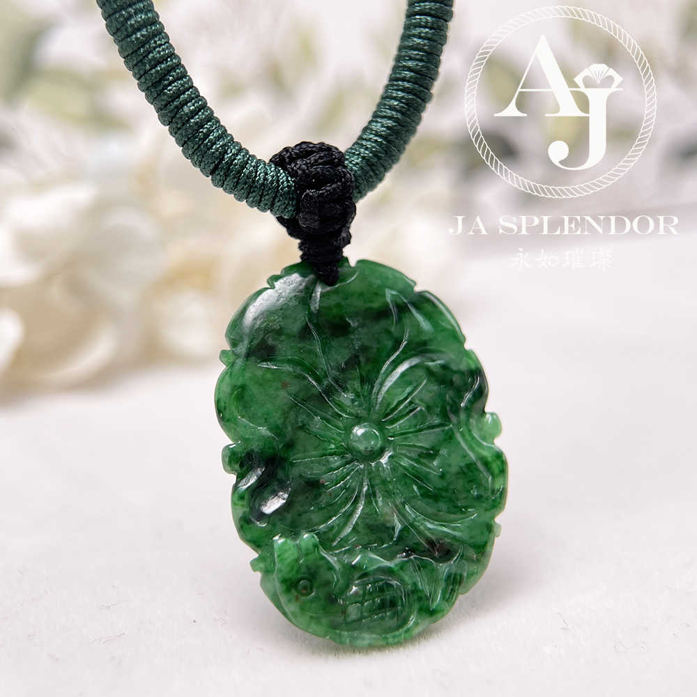 JNS-114 天然翡翠A玉 花青辣綠荷葉魚吊墜