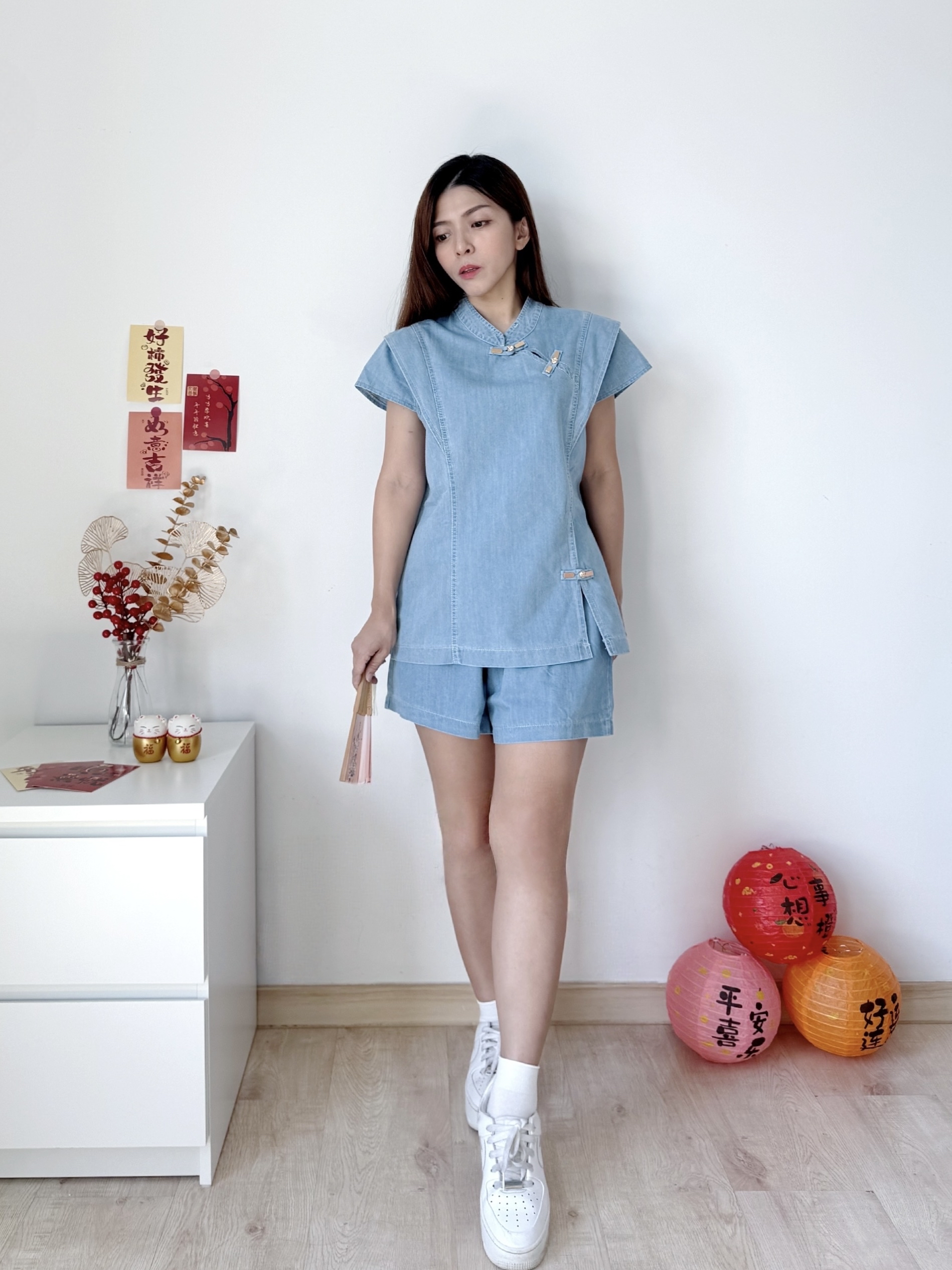 Ru Yi Oriental Denim Set “如.意” 新中式盘扣设计牛仔上衣+短裤套装 (2 Colours)