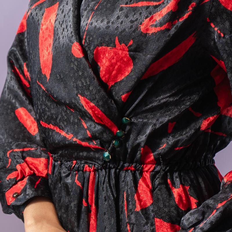 Vintage Japanese C.a. 1980s Red Stoke Pattern Half Wrap Full Flare Dress(MT1608-144)