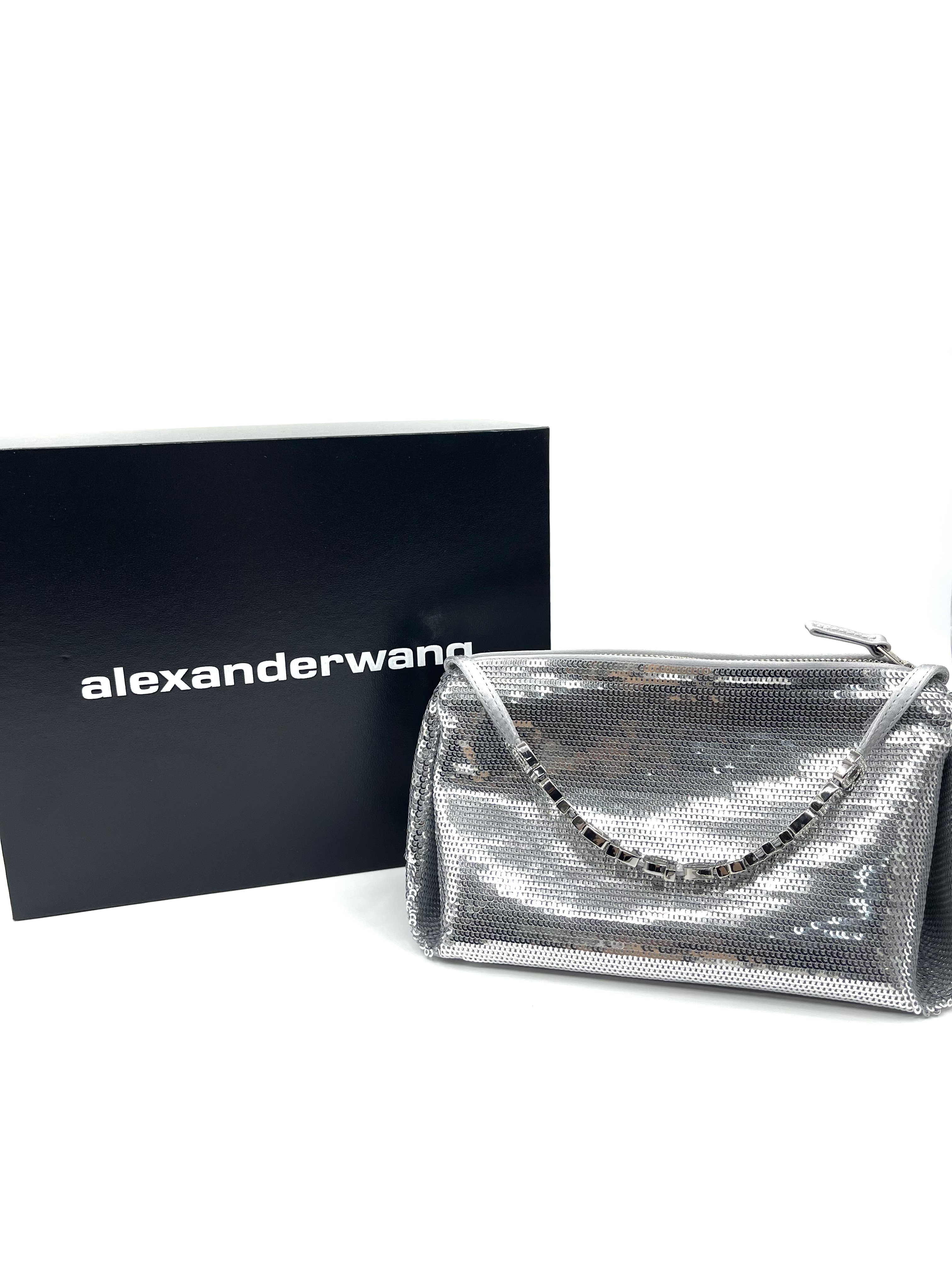 Pre-owned ALEXANDER WANG Marquess Sequin Zip Top Micro Handbag In Silver