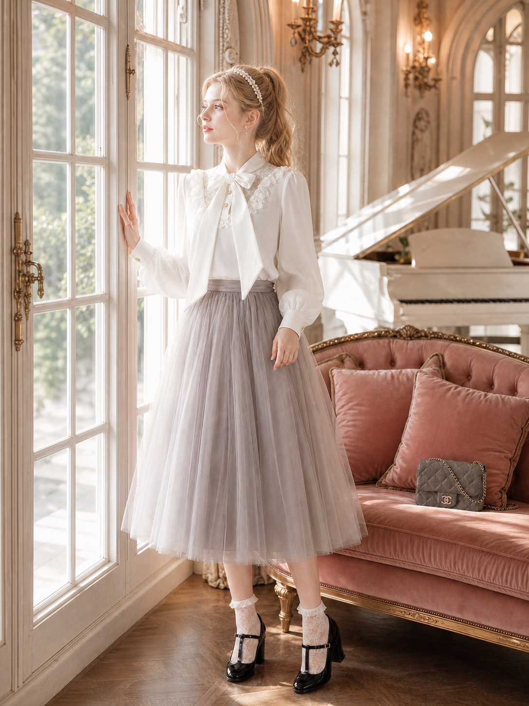 凡爾賽玫瑰的加冕珍珠蕾絲蝴蝶結宮廷襯衫 The Coronation of Versailles Rose: Pearl & Lace Bow Palace Blouse