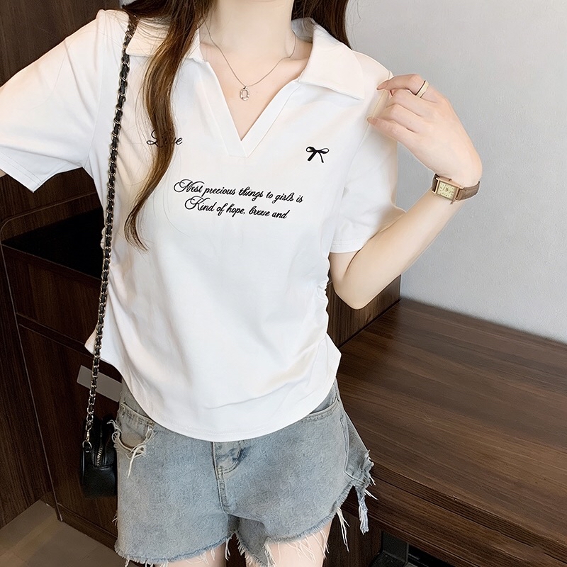 B124(36912) 美式甜美风斜小字母爱心蝴蝶结翻领4色上衣