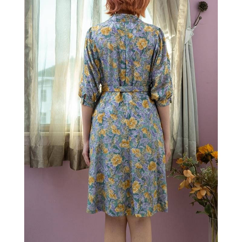 Vintage Japanese Floral Pleated Collar Chiffon Texture Day Dress with Original Belt (MT1840-19)