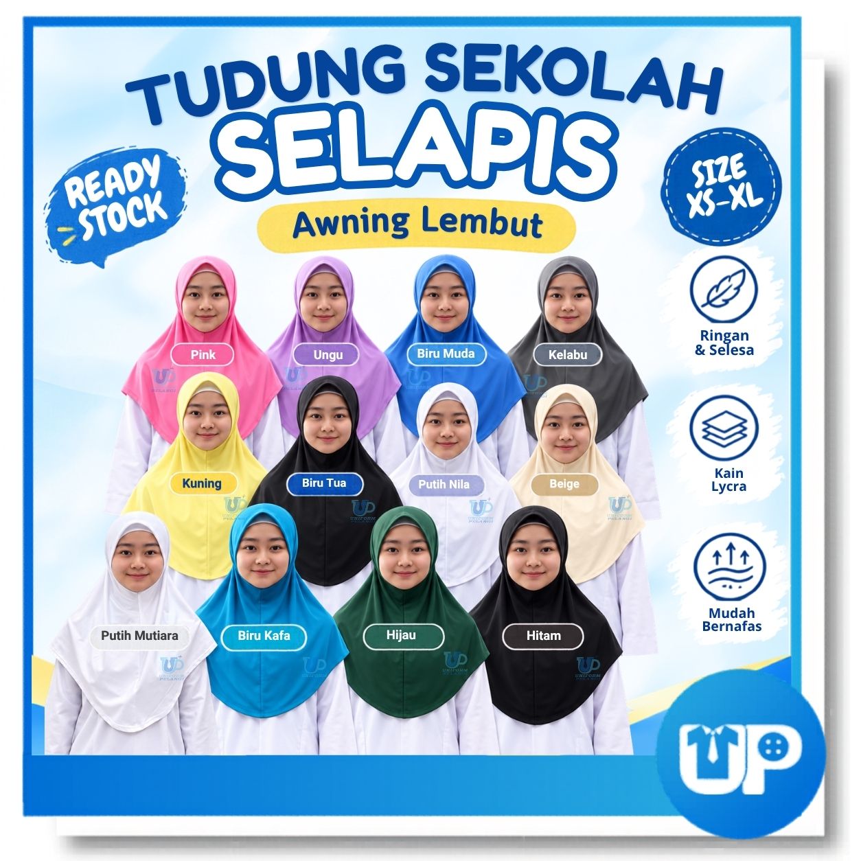 Tudung Sekolah Awning Lembut Satu Lapis Material Korea Lycra